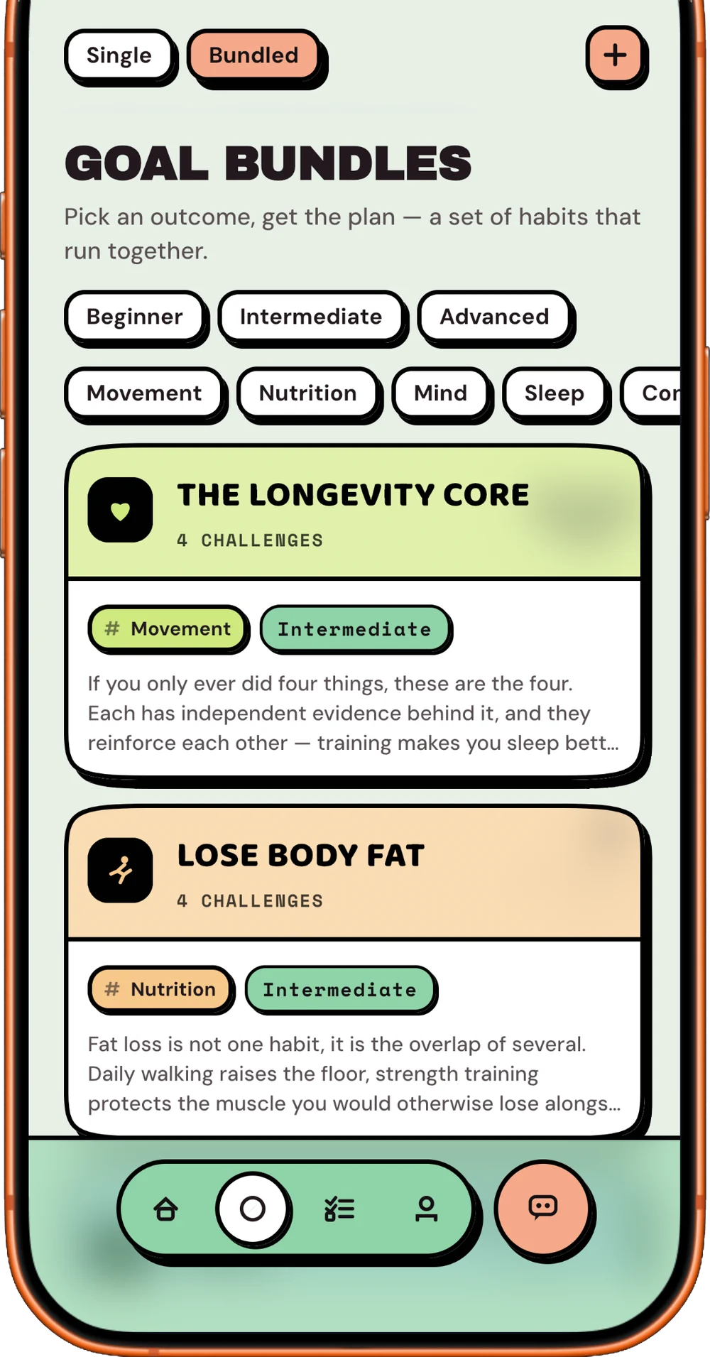 Goal bundles screen with The Longevity Core and Lose Body Fat bundles