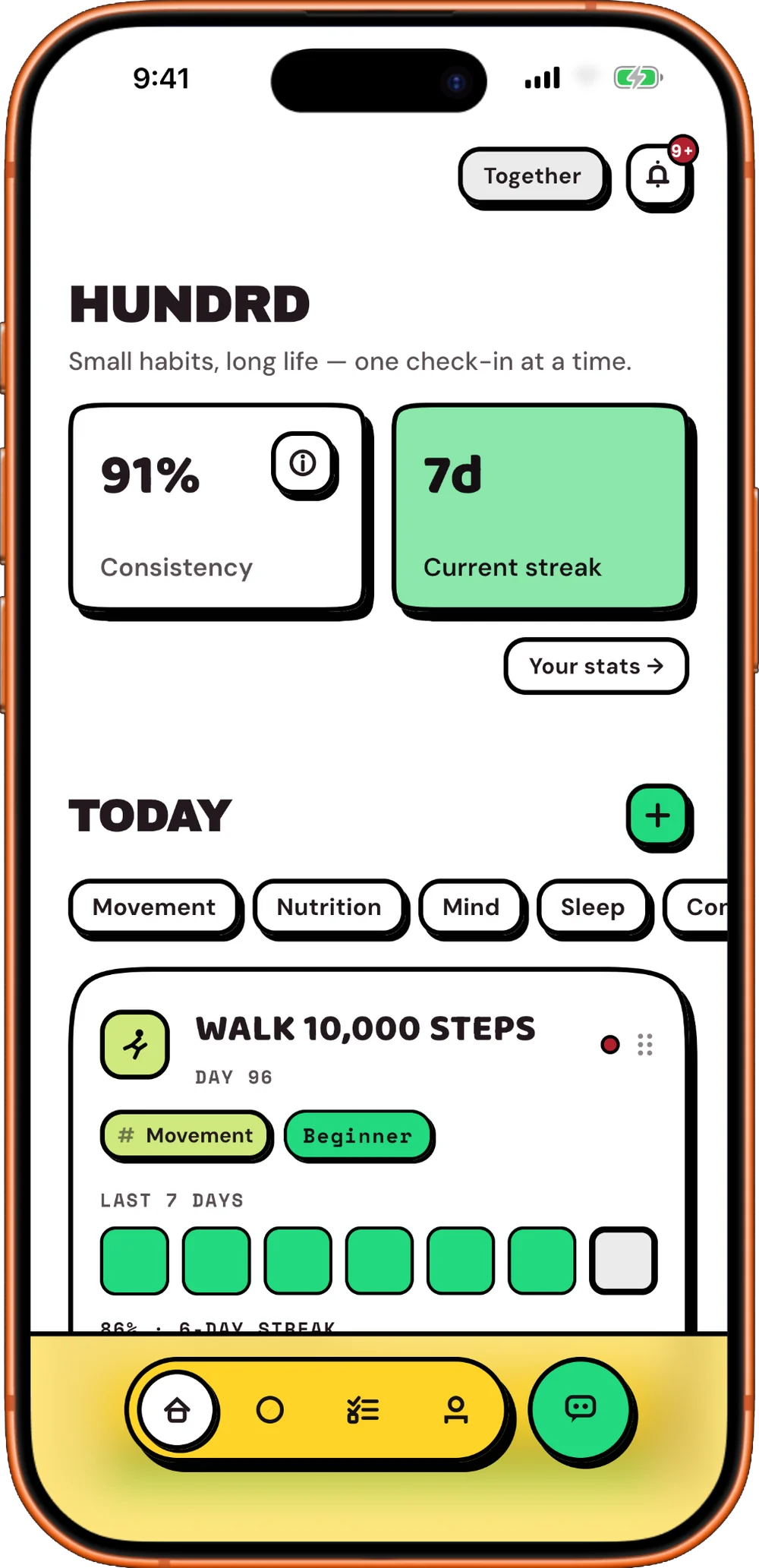 Hundrd home screen showing 91% consistency, a 7-day streak and today's Walk 10,000 steps challenge